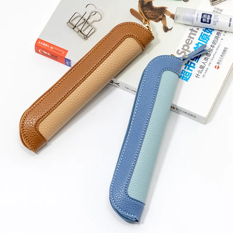 Korean Style Color Matching Small Fresh PU Leather Pencil Bag Portable Stationery Case for Students Signature Pen Storage Box