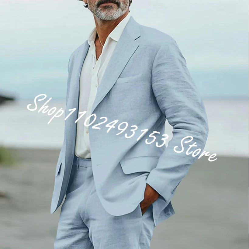 Green Linen Men Suits Notched Lapel Blazer Single Breasted Wedding Travel Summer Men's 2 Piece Suit Jacket Pants Costume Homme