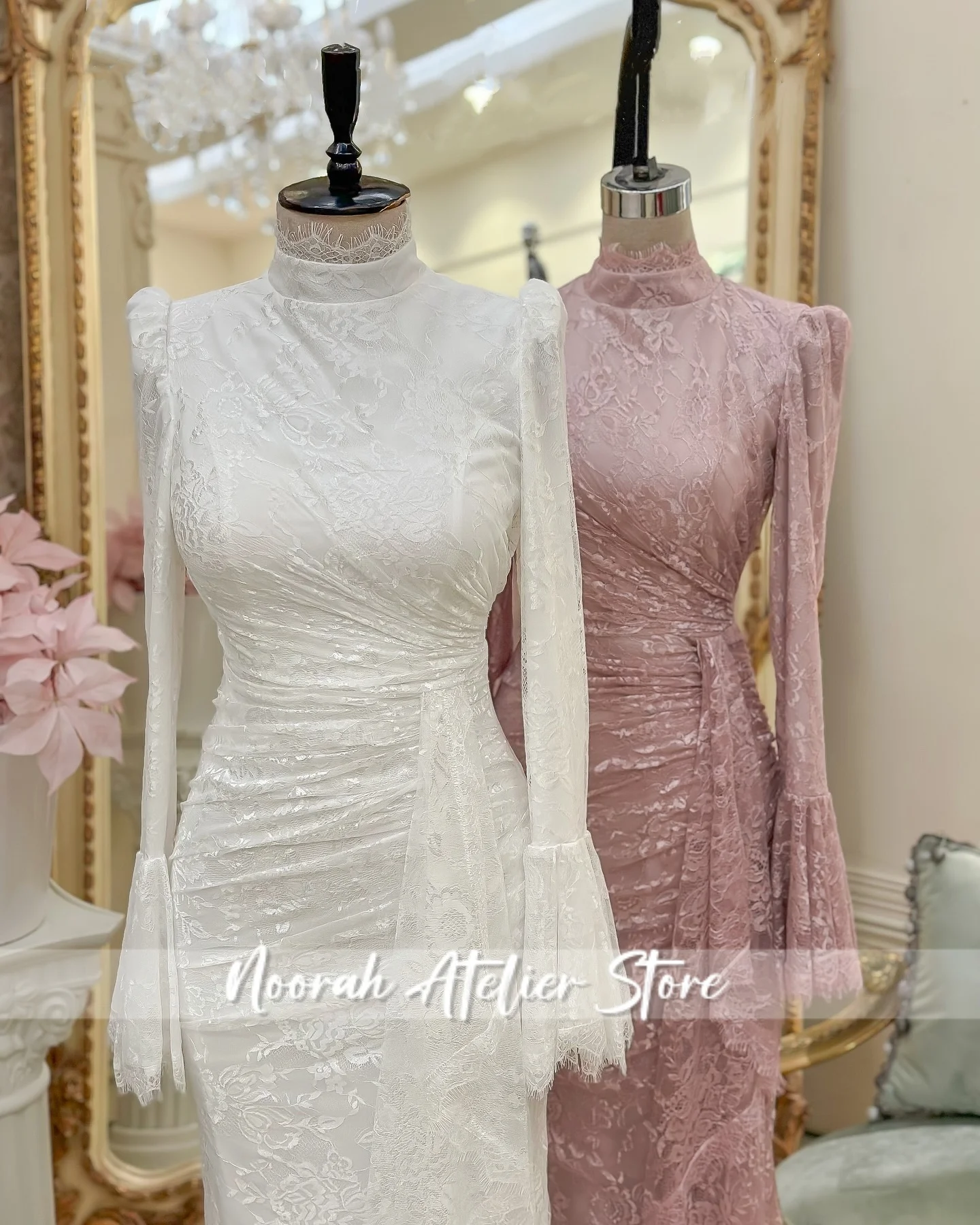 فساتين سهرة نسائية أنيقة من الدانتيل الأبيض H N بأكمام طويلة عالية الجودة 2025 ثنيات لحفلات الزفاف فستان طويل مخصص