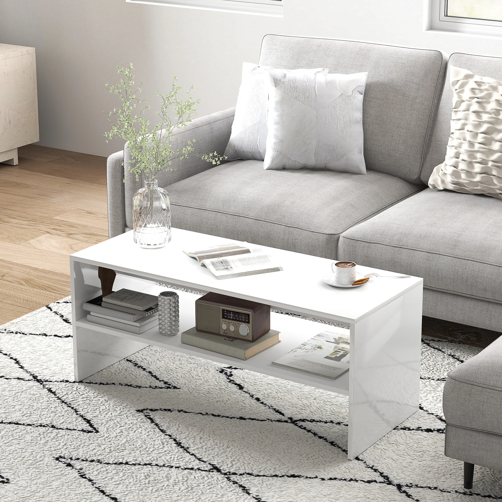 HOMCOM Mesa de Centro Mesa Auxiliar con Compartimo Abierto Mesa de Café 100x40x41,5 cm Blanco Brillante #5