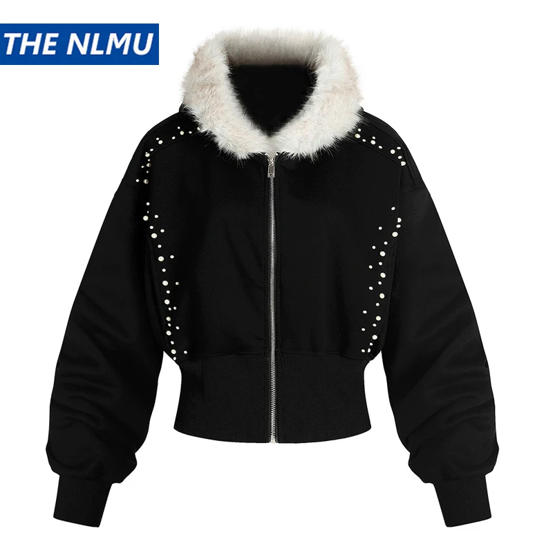 

2025 New Fall Pearls Hooded Jacket Women's Faux Fur Cropped Coat High Waist Short Outerwear Y2K Streetwear Zip Up Clothing