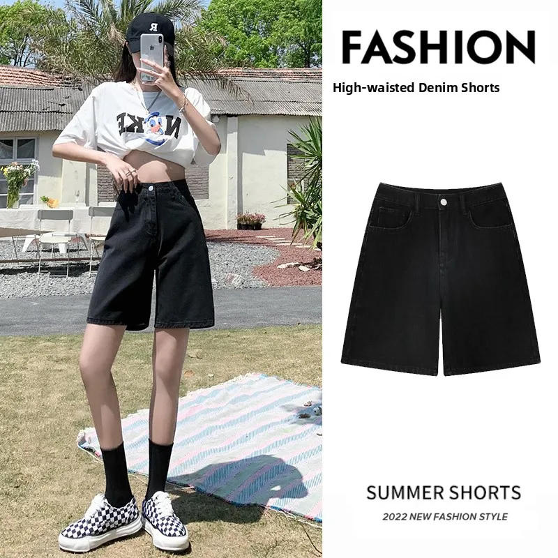 

Spring 2026 High Waist Black Loose Fit Women's Denim Shorts A-Line Five-Point Trendy Straight Leg plus Size Short Pants