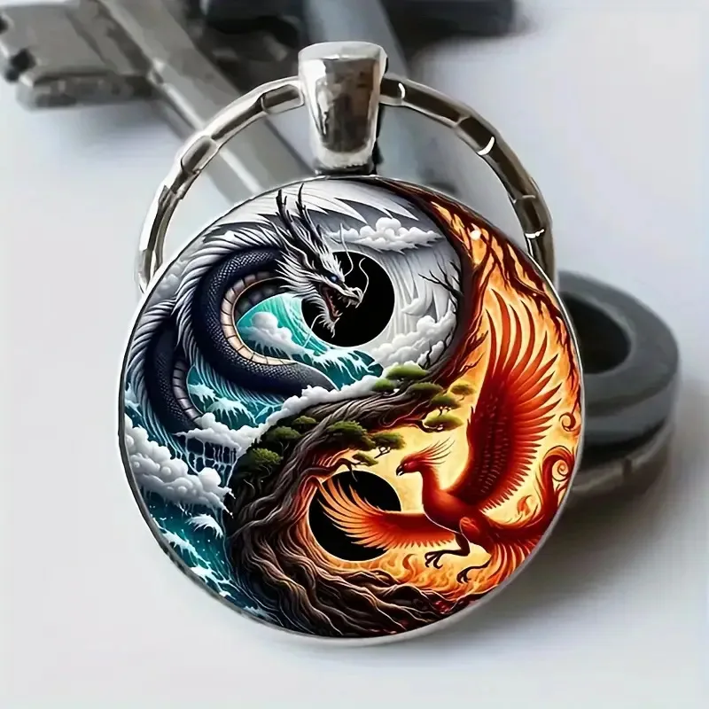 Fashion Time Gem Chinese Feng Shui Tai Chi Dragon Phoenix Talisman Keychain Yin Yang Fish Round Glass Pendant DIY Necklace Gift