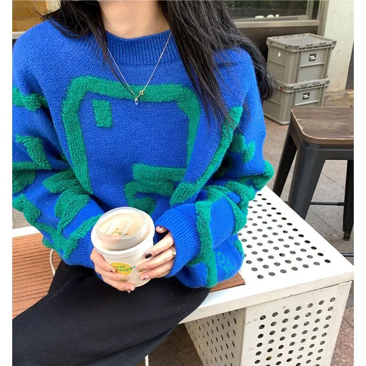 

Blue Medium And Long Sweater Women's Loose Lazy Spring Knitting Round Neck Long-sleeved Top