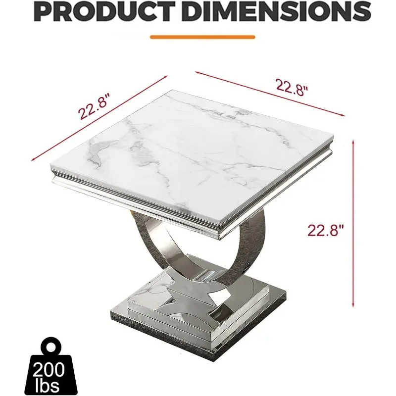 Мраморный торцевой столик с основанием из нержавеющей стали, квадратная тумбочка размером 22,8 дюйма со столешницей из искусственного мрамора, роскошный белый и серебряный приставной столик