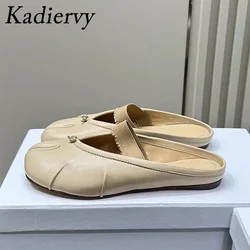 New Split Toe Slippers Woman Pleated Genuine Leather Loafers Women Fashion Elastic Band Mules Comfort Flat Shoes For Women