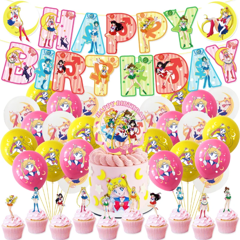 

Sailor Moon Party Supplies Kawaii Balloons Banners Cake Toppers Hanging Screws Set Kids Girls Cosplay Birthday Party Decorations