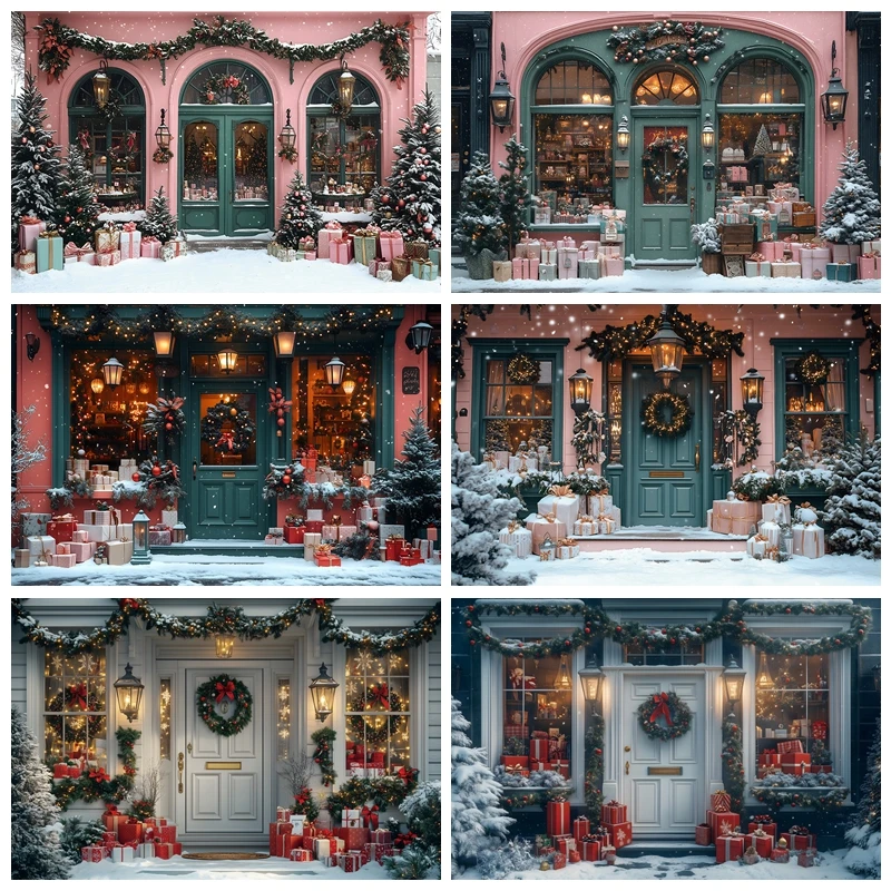 

Pink Christmas Photography Backdrop Decor Winter Snow Xmas Trees Gifts Shop Family Party Photo Background Photobooth Studio Prop
