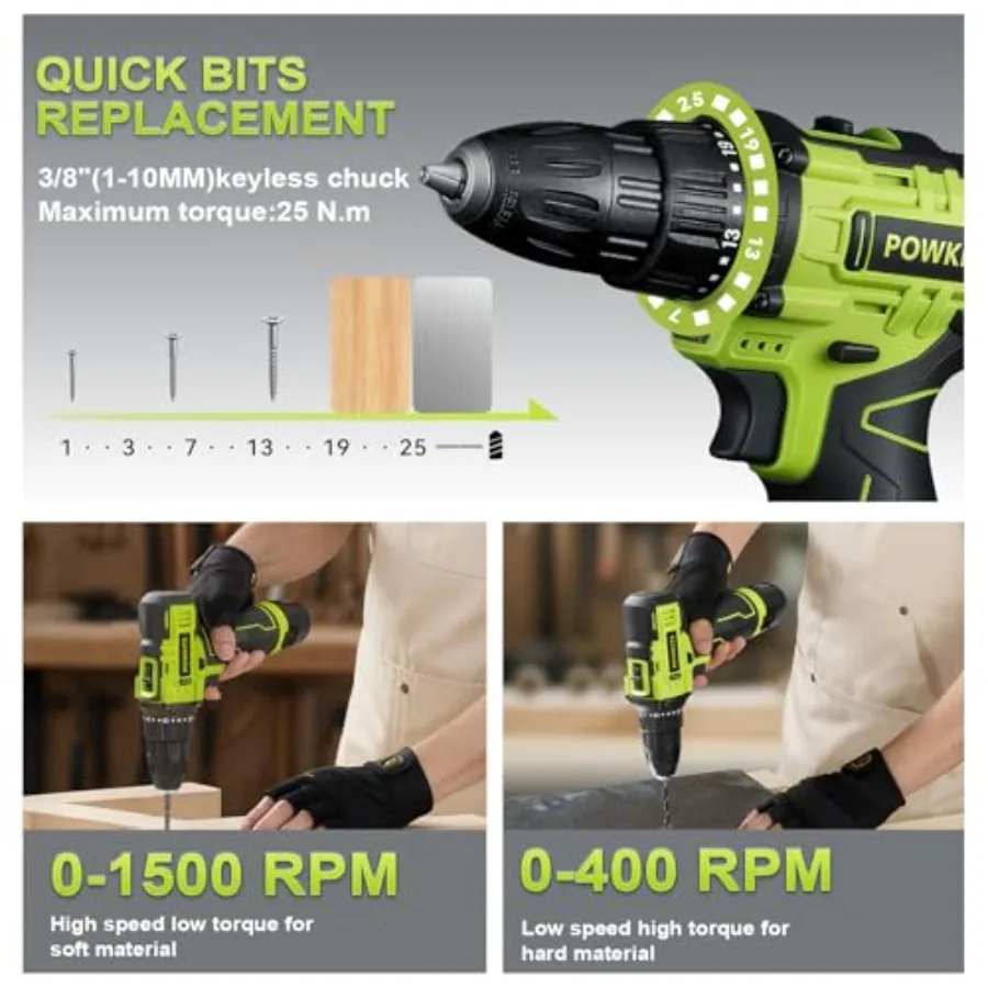 12V Cordless Drill Tool Set for home use, lithium-ion battery, green color, 25+1 torque settings and ergonomic design