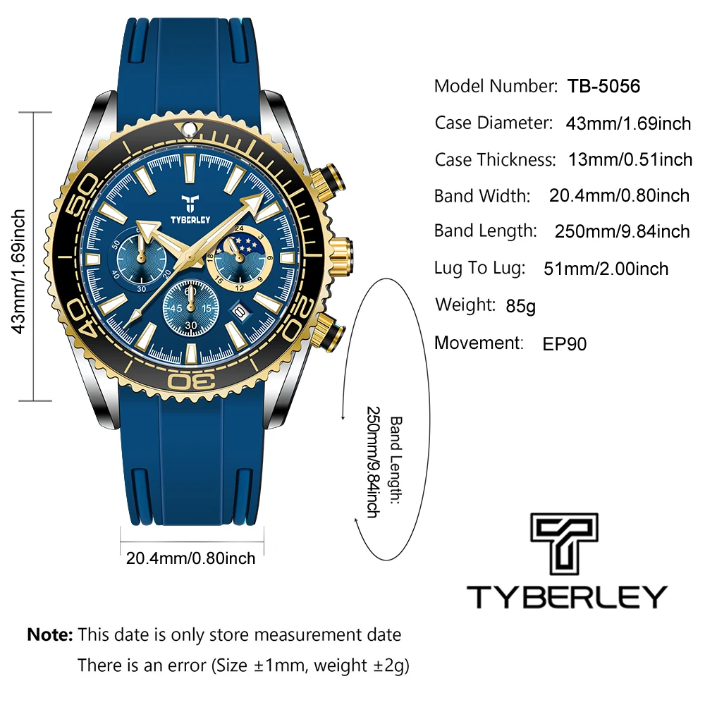 2026 new TYBERLEY 43MM men's watches top luxury moon phase men's quartz watch speed sports chronograph calendar watches for men view 6