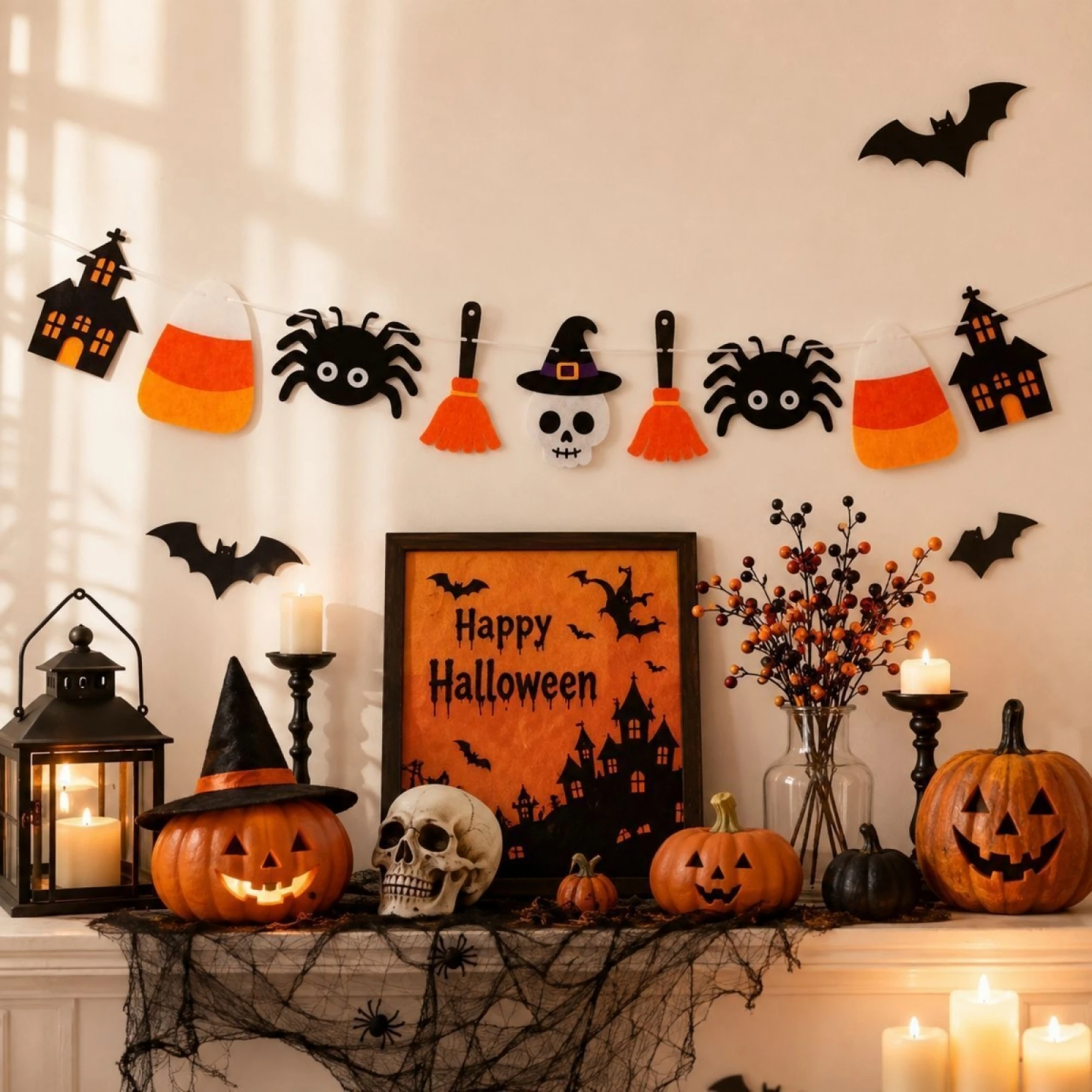 Halloween Banner Spider Skull Castle Broom Bunting Flag Hanging Decoration