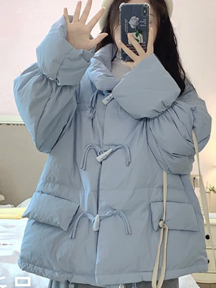 Mujer Otoño Invierno coreano dulce Parka chaqueta Retro cuerno botón Regular ajuste básico Simple Casual Chic bolsillos Halloween Navidad