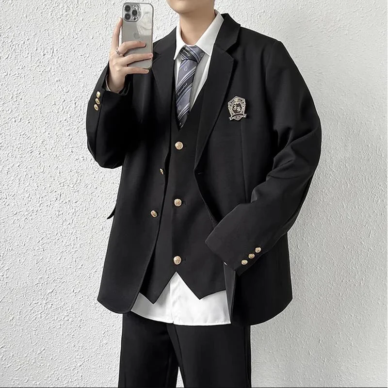 Black Casual Suit Jacket Men Loose High Street Blazer Jacket Korean Trend JK Dk School Uniform Preppy Cool Teenagers Suit Coat