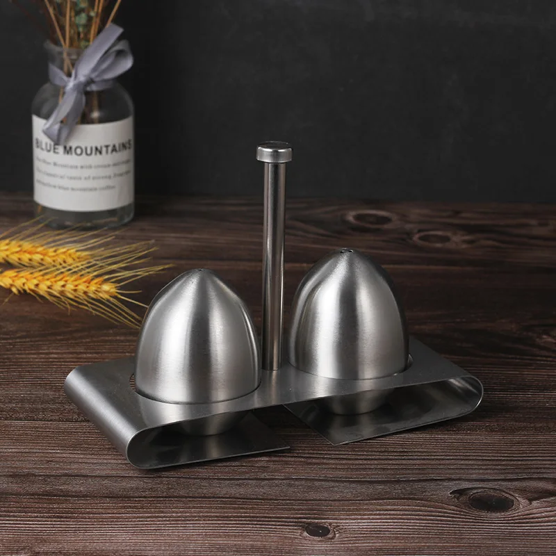 Restaurant New Decorative Egg Shape Stainless Steel Rack Salt and Pepper Shaker Set