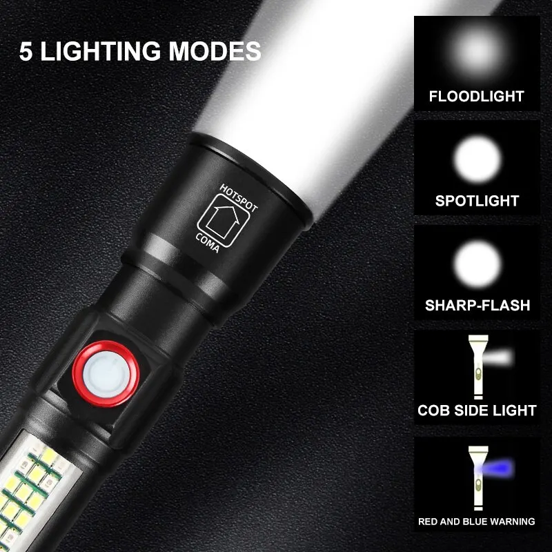 LED Rechargeable Flashlight High-power with 10W Lamp Beads Portable Torch 5 Lighting Modes Zoomable Red Blue Camping Light