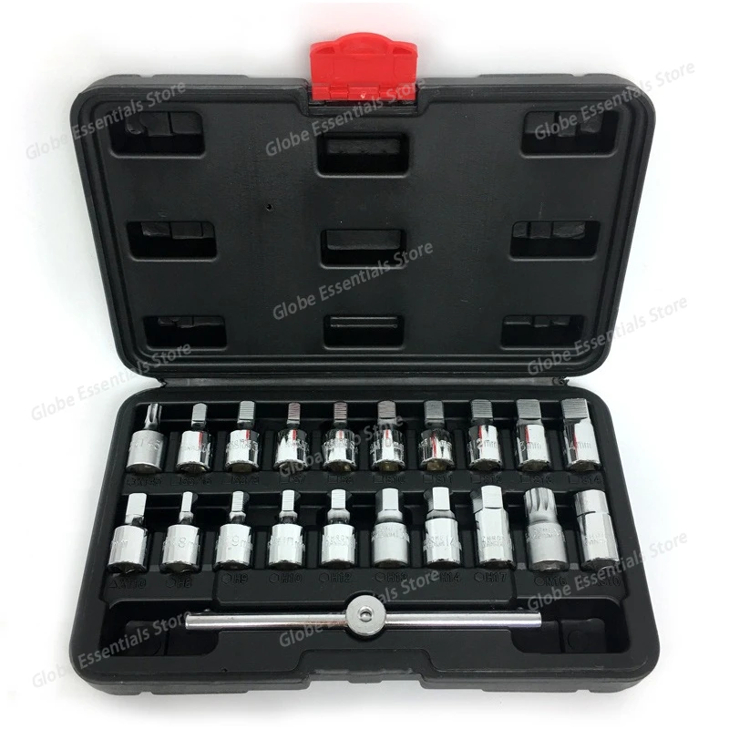 21PCS 4-Point and 6-Point Oil Pan Drain Plug Socket Wrench Set - Auto Repair Tool Kit Chromium-vanadium steel material
