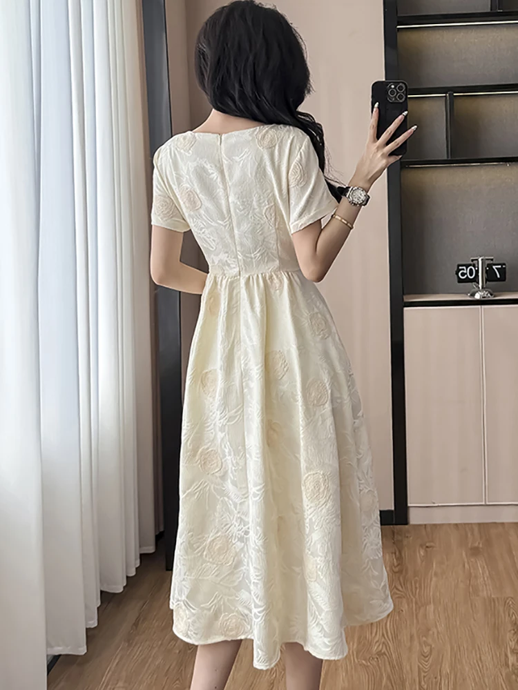 Zomer Witte Jacquard Bloemen Korte Mouw O-hals Lange Jurk Vrouwen Elegant Casual Thuis Jurk 2025, Koreaanse Bodycon Festival Jurken
