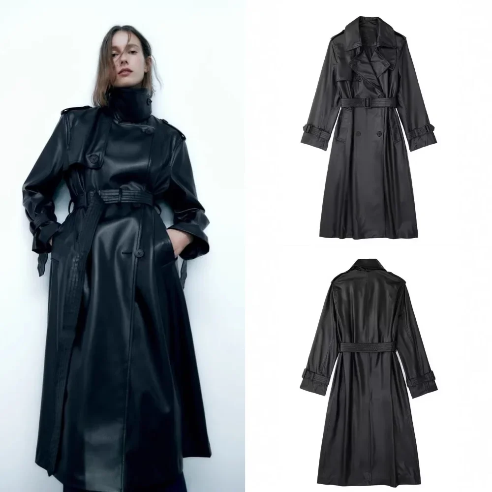 Spring Autumn Extra Long Brown Pu Leather Trench Coat for Women Sashes Luxury Chic Overcoat Runway European Fashion 2024