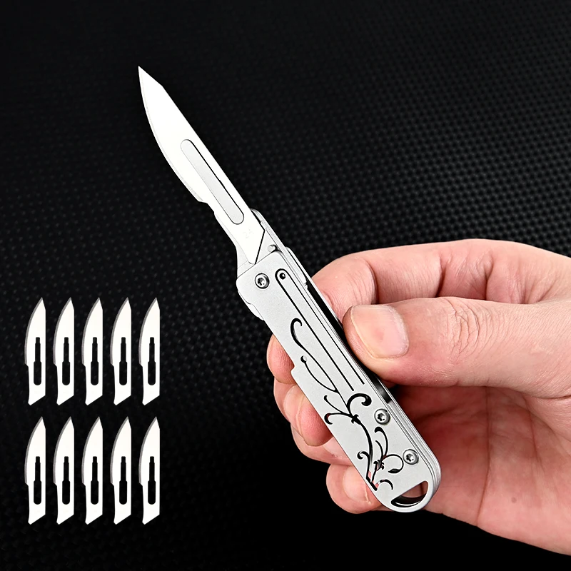 Stainless Steel Quick-opening Folding Knife Utility Knife Mini Folding Keychain Scalpel EDC Courier Opening Knifves 10 Blades