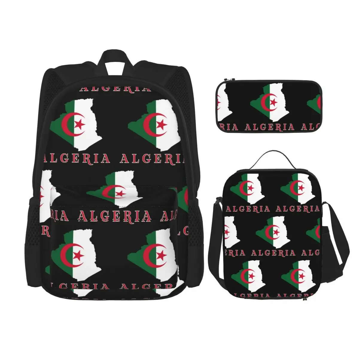 

Algerian Flag Of Algeria Backpacks Boys Girls Bookbag School Bags Rucksack Lunch Bag Pen Bag Three-Piece Set