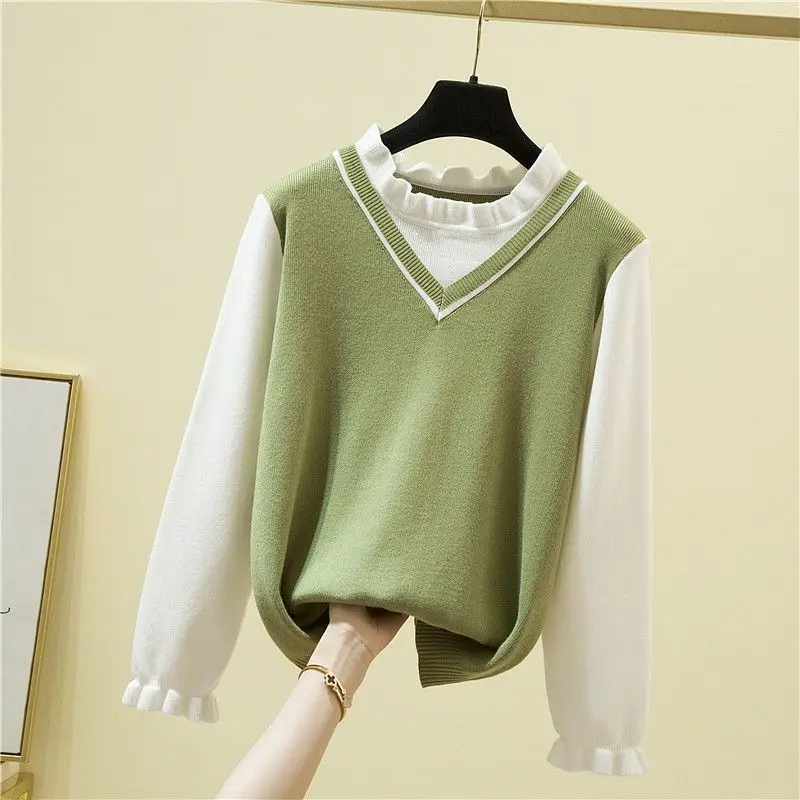 

Autumn Winter Half High Collar Women's Clothing Pullover Long Sleeve Screw Thread Contrast Color Sweater Knitted Elegant Tops