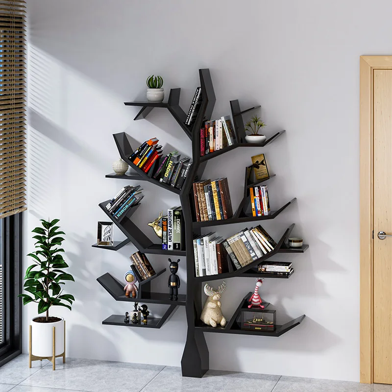 New Chinese Creative Wooden Bookshelf Floor To Wall Tree Storage Shelf Study Library Picture Books Comic Display Shelf
