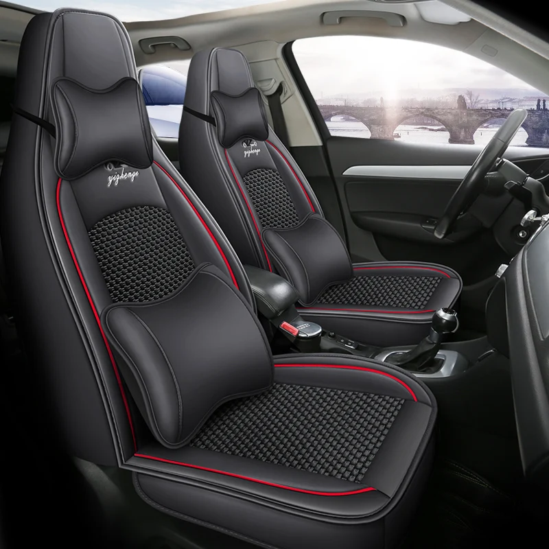 (Luxury Edition) Front Double Seats, Equipped with 2 Comfortable Headrests and 2 Soft Lumbar Supports, Luxurious Ice Silk Full-Cover Car Seat Covers, Universal, Breathable and Refreshing Without Being Stuffy, Comfortable for All Seasons, Easy to Clean and Maintain, Multi-Layer Composite Material, Exquisite Workmanship, Simple and Convenient Installation, Does Not Affect the Normal Use of Seat Belt Buckles, Available in 4 Colors, Suitable for Various Models Such as Sedans, Suvs, Trucks, Etc