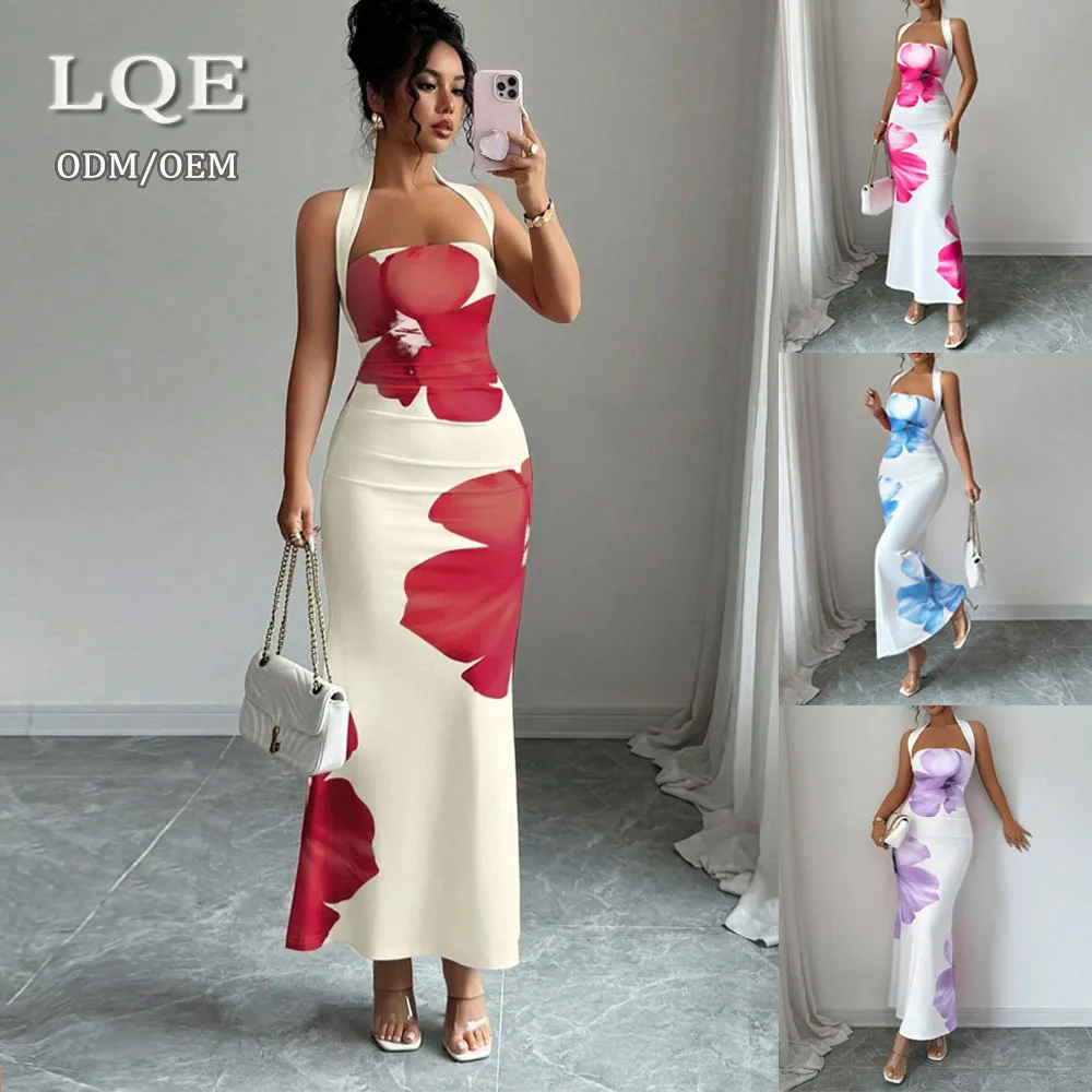 Maternity Casual Long Dress Women's Halter Neck Backless Hug Hip Print Dress