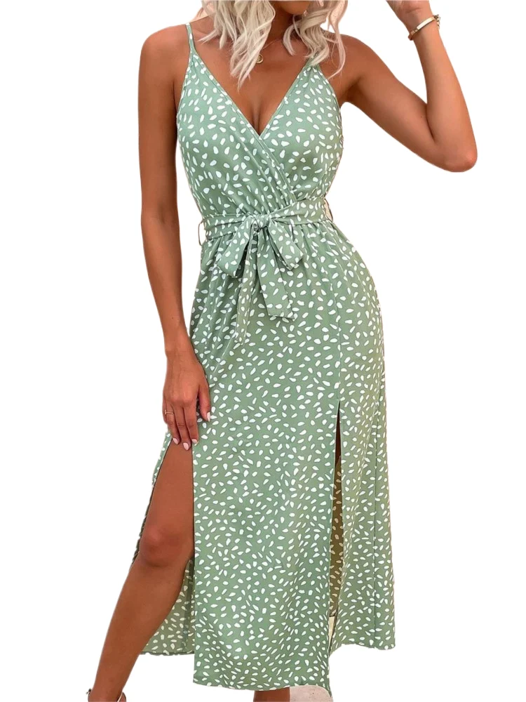 

New Summer V-neck Floral Lace-up Dress For Women Fashion Elegant Casual Office Party Holiday Dresses 2025 Woman Vestidos