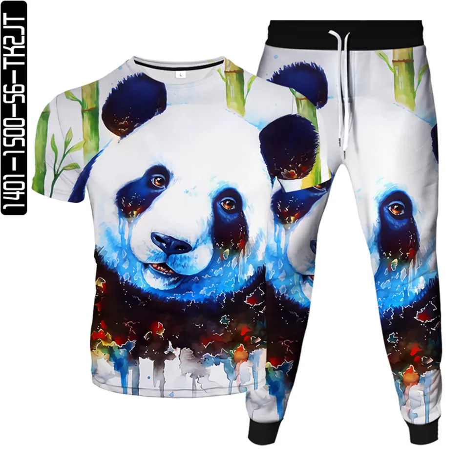 Men Plus Size S-6XL Sportwear Suit Animal Cartoon Panda Printing Women Fashion Tracksuit Clothes Male T-Shirt+Trousers 2Pcs Sets