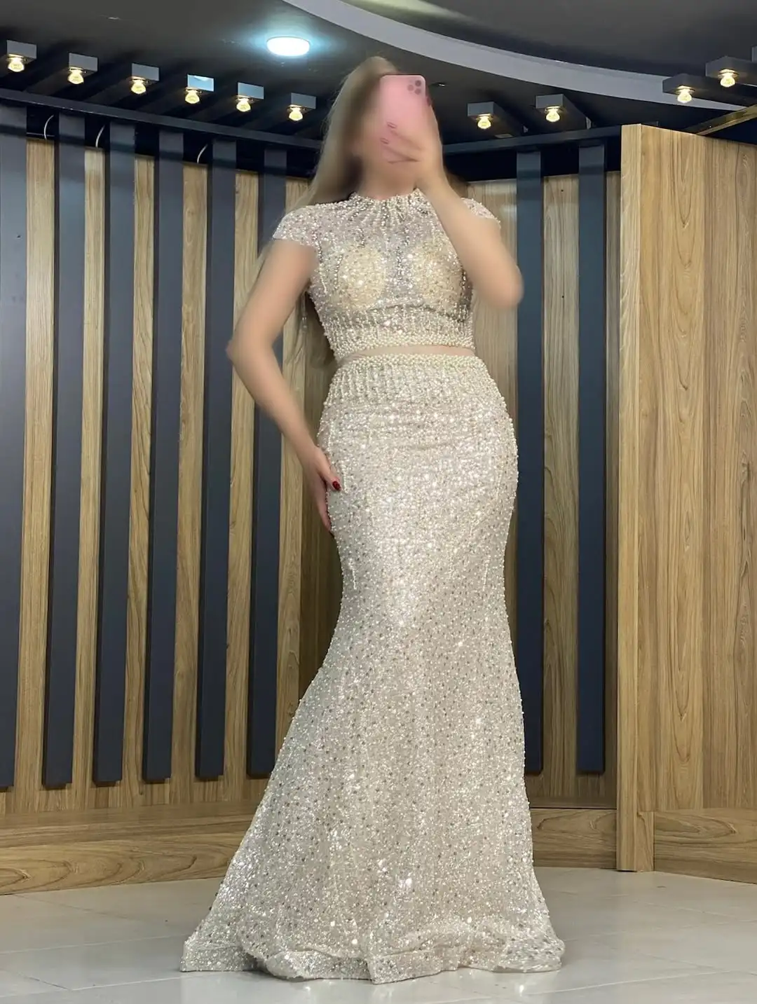 تصميم جديد مثير فاخر الديكور الترتر اللؤلؤ مساء Dressn الخصر الوهم أنيقة حورية البحر حفلة موسيقية فستان رسمي