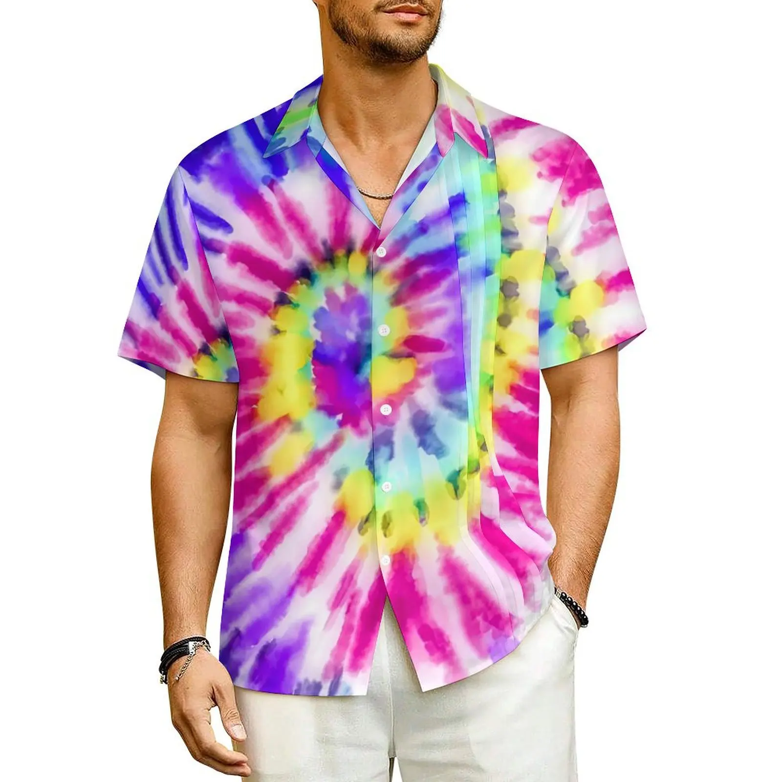 

Tie Dye Watercolor Beach Shirt Artsy Neon Rainbow Hawaii Casual Shirts Man Trendy Blouses Short Sleeve Harajuku Printed Clothes