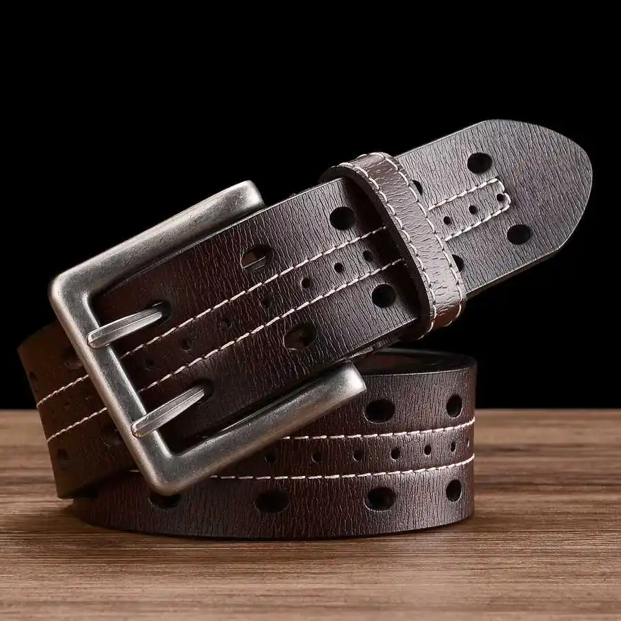 Genuine Leather Belts for Men Classic Double Row Hole Belt Hollowed Out Belt Jeans Waistband