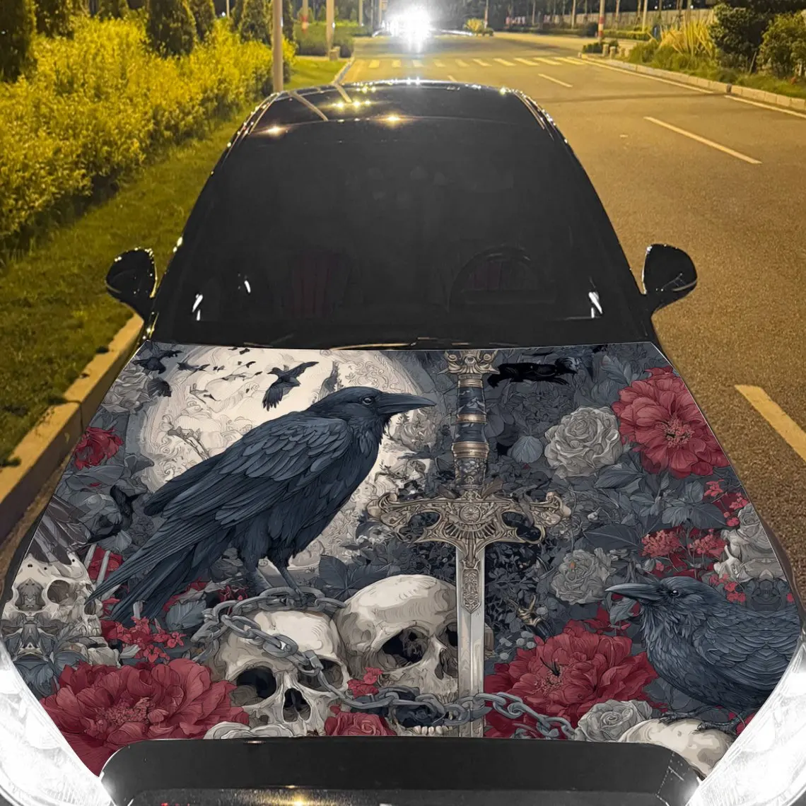 

Moonlit Raven and Skull Sword Car Vinyl Wrap, PVC Material Waterproof Car Hood Sticker, Self-Adhesive Scratch-Resistant Stickers