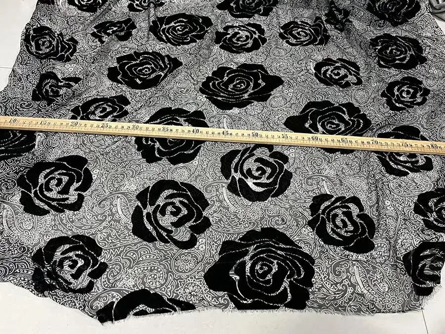 Designer Cloth Silk Velvet Clothing Fabric Black White Pattern Silk Bottom Mysterious Black Rose Velvet Fabric Top