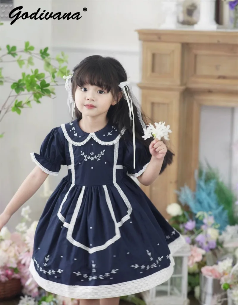 

Baby Girls Sweet Vintage Dress Kids Summer Deep Blue Elegant Handmade Floral Embroidery Peter Pan Collar Puff Short Sleeve Dress