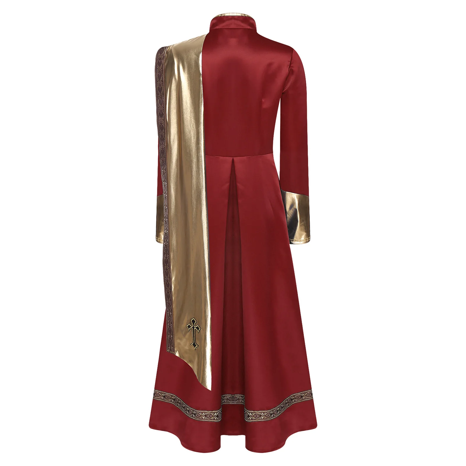 Fantasia feminina de sacerdote teatral de Halloween com cortina dramática de ombro único e detalhes metálicos pastor igreja roleplay robe