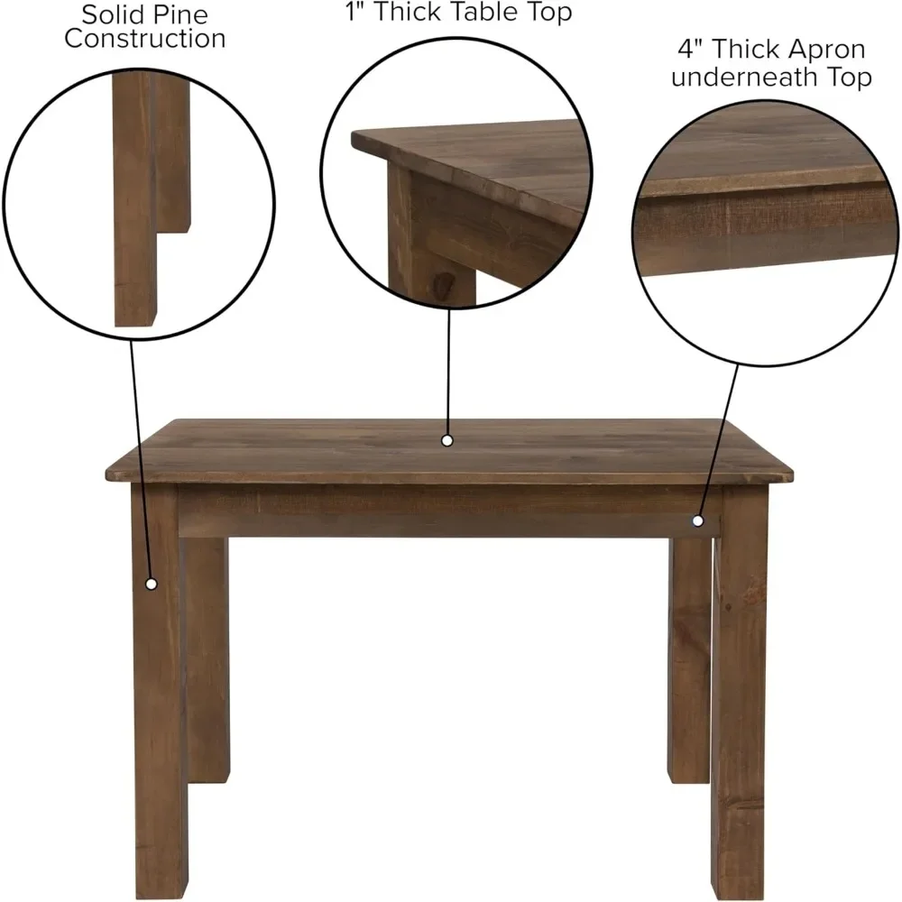 Table à manger en bois massif marron rustique, table de cuisine avec pieds carrés, table à manger de ferme, 46 po x 30 po, sièges 4, finition rustique