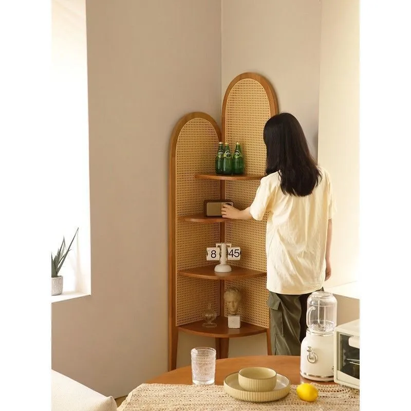 Furnitur Rak Segitiga Rak Buku Retro Kayu Solid Ruang Tamu Penyimpanan Rotan Sofa Kamar Tidur Lantai Kabinet Sudut