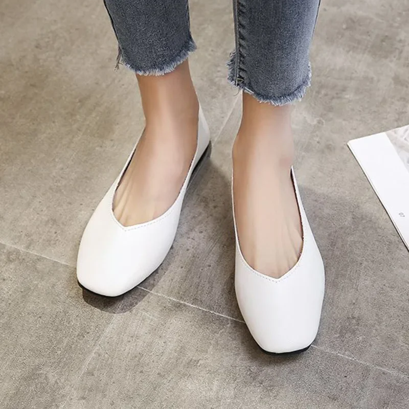 Autumn Women\'s Single Shoes Slip on Soft Sole Casual Shoes Office Lady Leather Shoes Loafers Fashion Square Toe Shallow Flats