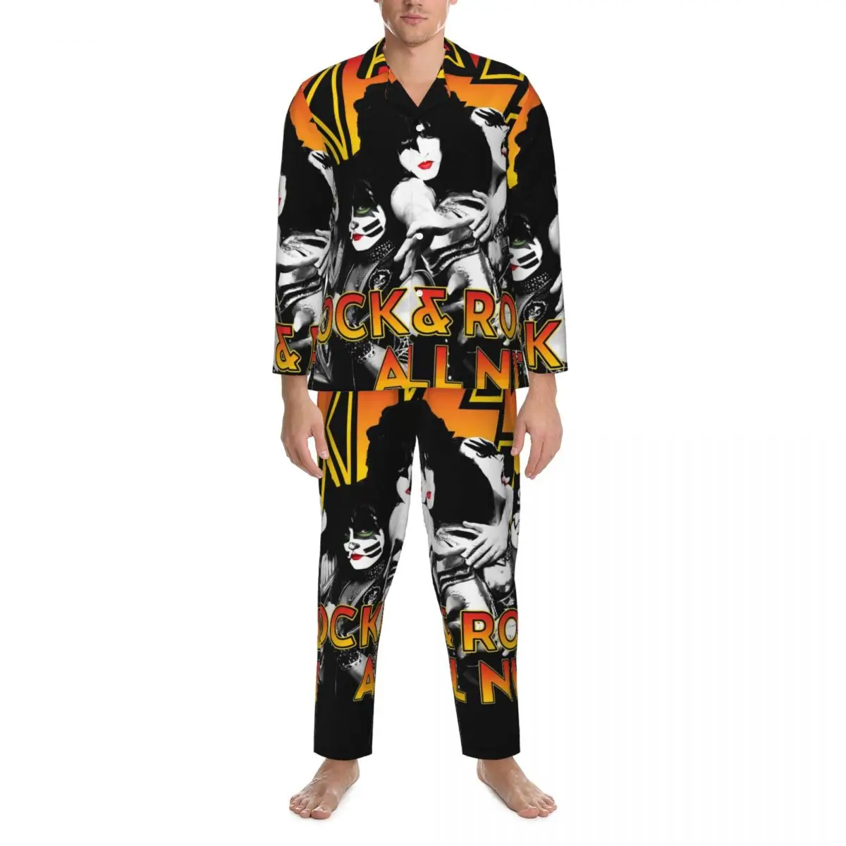 Kiss Band Pajama Sets Rock Music Band Trendy Sleepwear Men Long Sleeve Casual Sleep 2 Pieces Home Suit Plus Size 2XL