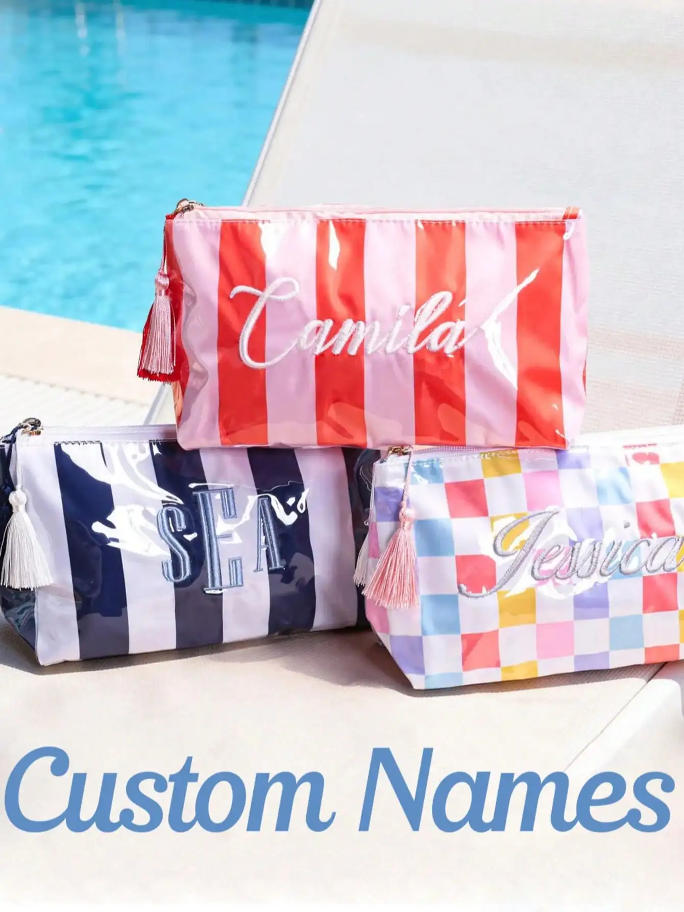 Custom Embroidery Name Cosmetic Bag Waterproof Striped Checkerboard Makeup Pouch Tassel Zipper Pencil Case Women Toiletry Bag