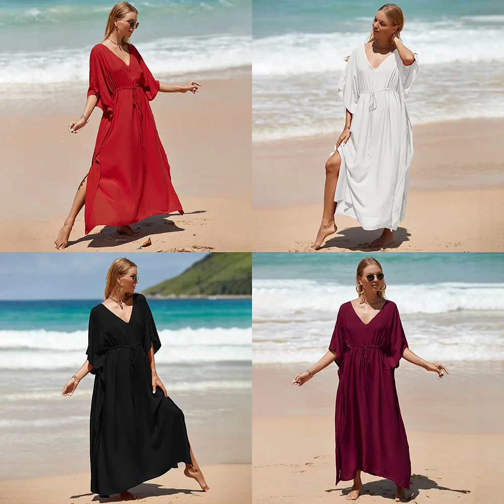 

Spring Summer Beach Smock Rayon Waist Drawstring Holiday Gown Bikini Sunscreen Shirt Women Beach Coat Wine Red