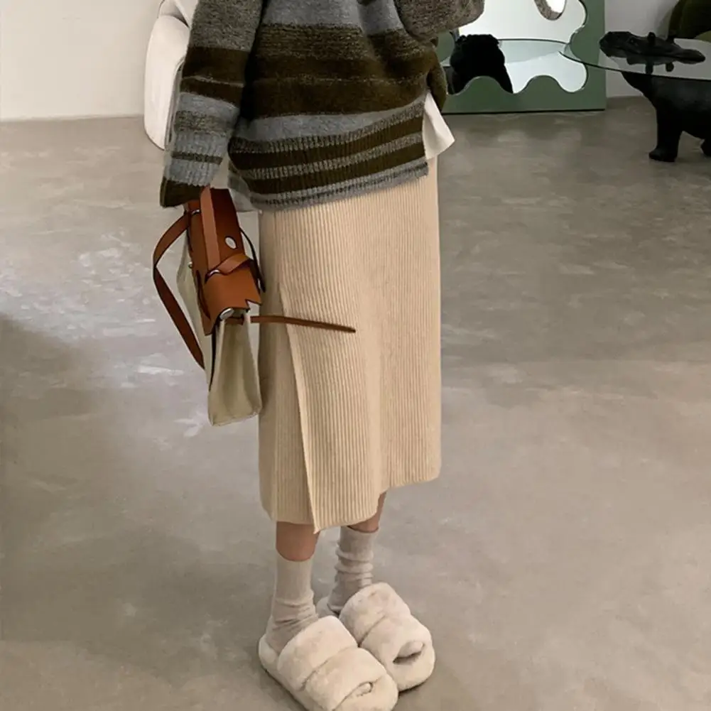 

Women Soft Midi Skirt Breathable High-waisted Skirt Knitting Skirt Autumn Winter Side Split Hem Skirts Versatile Daily Wear