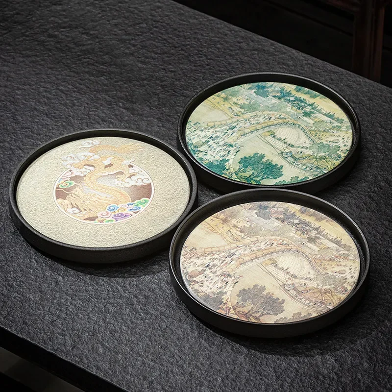 Round Tea Set Coasters Absorbent Ceramic Coasters Longjiang Side Scene Pattern Insulation Pad Kung Fu Tea Set Accessories