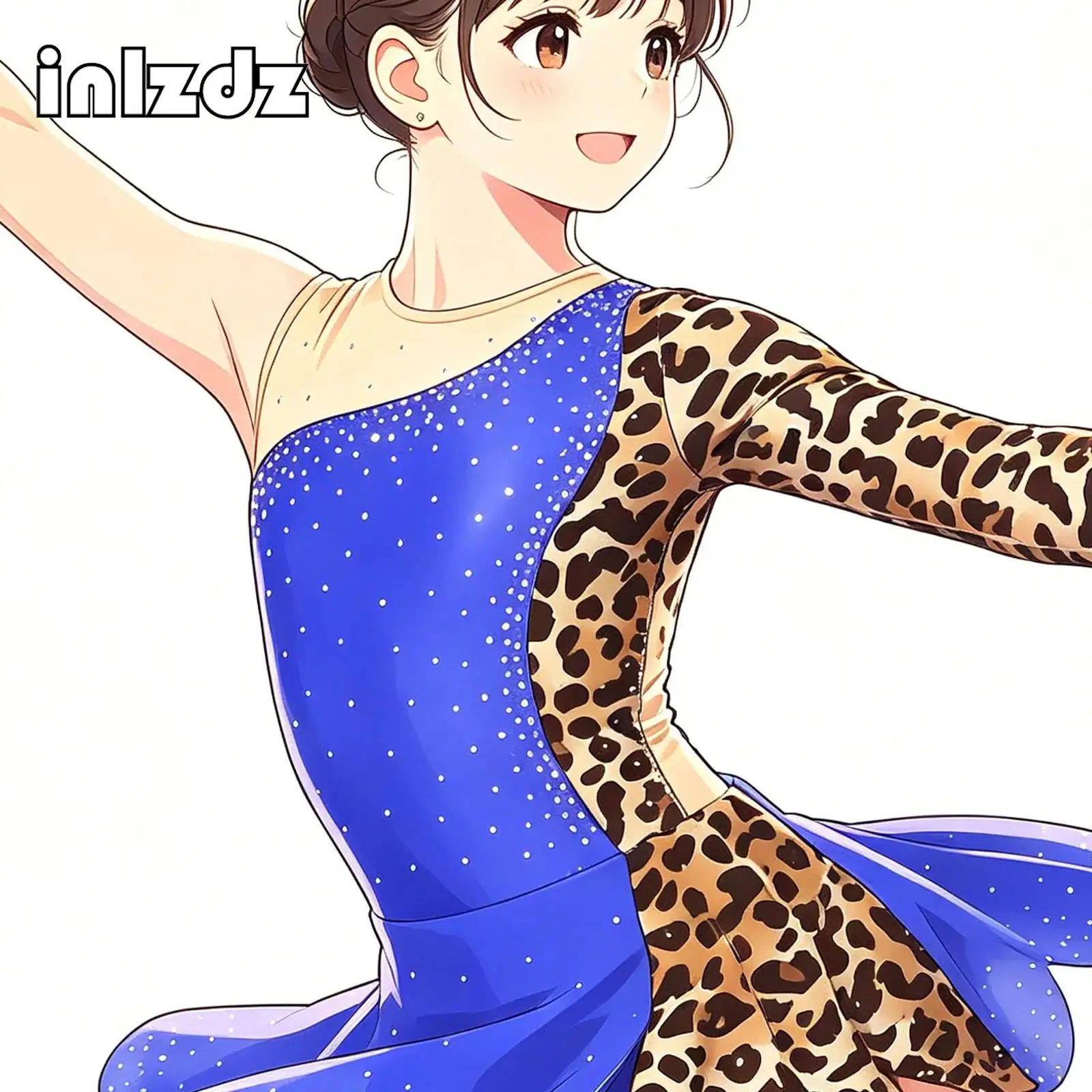 Teens Girls Lyrical Dance Dress Skating Rhythmic Gymnastics Costume Contrast Color Asymmetrical Split Rhinestones Leotard Dress