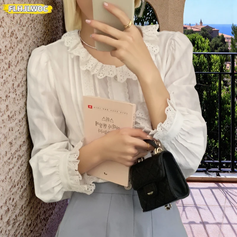 

Cotton Blends Blouses Chic Design New Hot Sales Preppy Style Girls Peter Pan Collar Tops Cute Sweet Korea White Lace Shirts