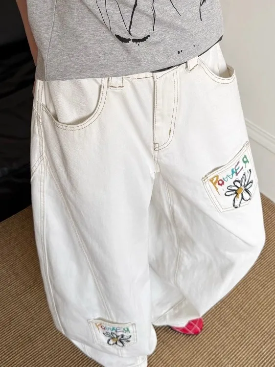 Dames Witte Baggy Jeans Harajuku Vintage Boyfriend Denim Broek Japanse jaren 2000 Stijl Y2k Grunge Jeans Broek Oversize Kleding