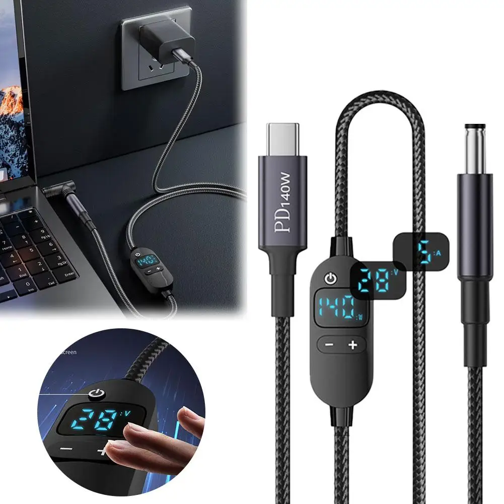 140W PD3.1 USB-C to DC Charging Cable with Digital Display 5V-28V for Laptop Router Camera Multi-Device Charging Accessory R3S1