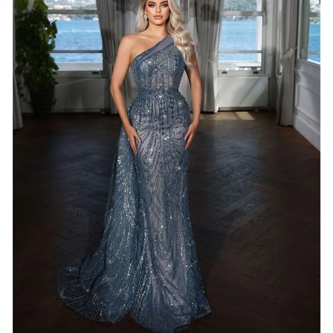 Dark Blue Mermaid Evening Dresses Bateau Sleeveless Sequins Beaded 3D Lace One Shoulder Appliques Plus Size Prom Dresses Gowns